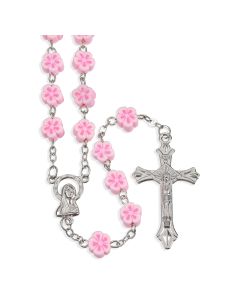 8mm Pink Floral Shaped Bead Rosary-P65