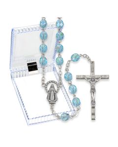 Aqua Crystal Aurora Borealis Bead Rosary, Boxed
