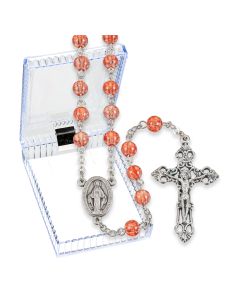 Coral Crackled Glass Bead Rosary, Boxed