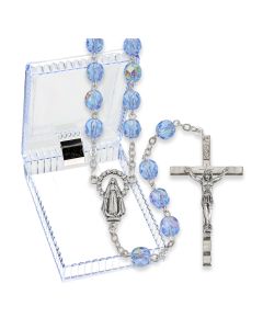 Sapphire Crystal Aurora Borealis Bead Rosary, Boxed