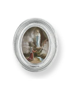3 1/2" x 4 1/2" Silver Oval Frame with an Our Lady of Lourdes Print-P65