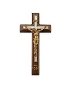 10" Walnut Wood and Pearlized Cross with a Gold Finish Corpus and Wedding Rings