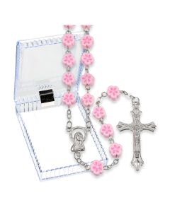 8mm Pink Floral Shaped Bead Rosary, Boxed-P65