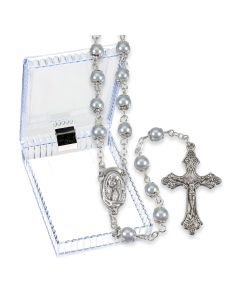 5mm Light Blue Imitation Pearl Glass Bead Rosary, Boxed