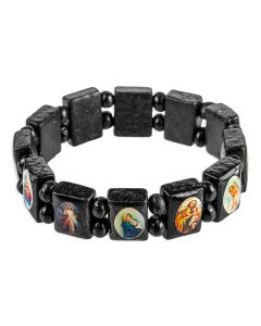Patron Saint Picture Black Wood Bead Bracelet