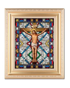 10 1/4" x 12 1/4" Satin Gold Frame with an 8" X 10" Crucifixion Liturgical Glass Art