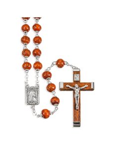 Brown Carved Wood Bead Rosary