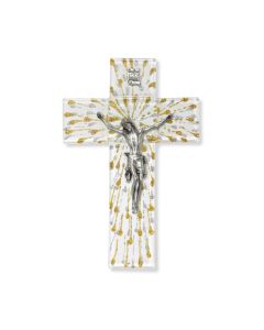 7" Gold and Silver Rays on White Glass Cross with Genuine Pewter Corpus-P65