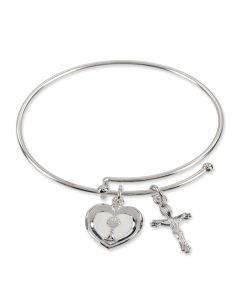 Silver Charm Bracelet with Pearlized Epoxied Heart Shaped Communion Chalice Medal