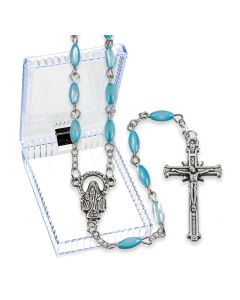 4 x 8 mm Oval Pearlescent Light Blue Rosary Boxed