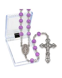 Amethyst Crackled Glass Bead Rosary, Boxed