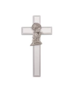 7" White Wood Cross with Genuine Pewter Praying Boy Figure (Boxed)
