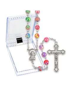 6mm Multicolored Round Floral Bead Rosary, Boxed-P65