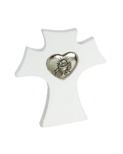 Standing White Resin Cross with Textured Finish and Heart Shaped Silver Oxidized Medallion-P65
