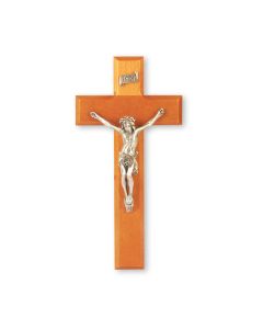 9" Natural Cherry Wood Crucifix with Antiqued Fine Pewter Corpus