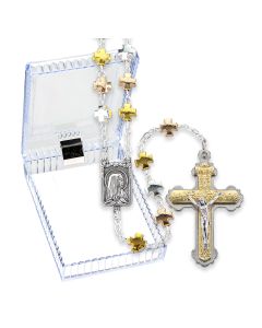 5mm Silver And Gold Metal Cross Bead Rosary 17" . Boxed
