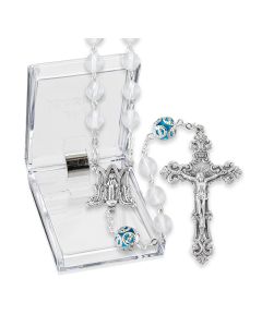 7mm Crystal Glass Bead Rosary with Capped Aqua "Our Father" Beads, Boxed