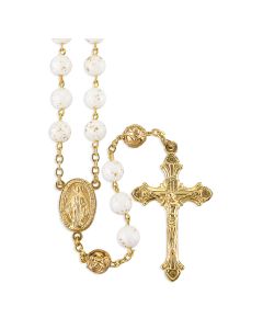8mm Gold Speckled White Glass Bead Rosary