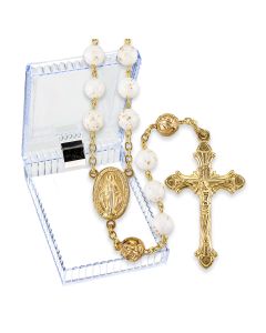 Gold Speckled White Glass Bead Rosary with Gold Plated Center and Crucifix. Boxed