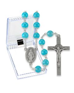 8mm Aqua Double Capped Glass Bead Rosary, Boxed-P65