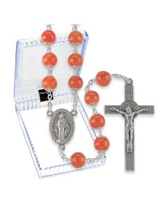 8mm Coral Double Capped Glass Bead Rosary, Boxed-P65