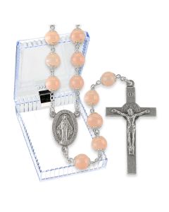 8mm Light Rose Double Capped Glass Bead Rosary, Boxed-P65