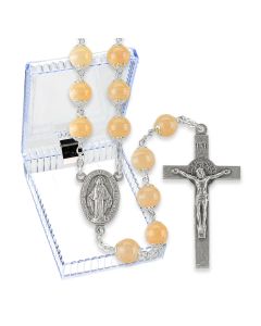 8mm Peach Double Capped Glass Bead Rosary, Boxed-P65
