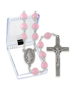 8mm Pink Double Capped Glass Bead Rosary, Boxed-P65