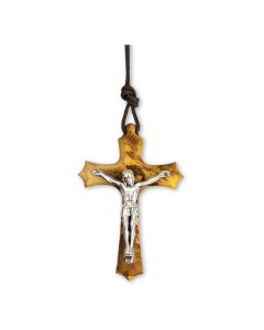 1 3/4" Olive Wood Crucifix with Antiqued Silver Metal Corpus on a Brown Cord