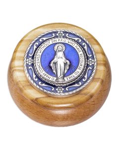 Miraculous Medal Wood & Blue Epoxied Silver Metal Keepsake Box