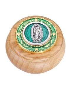 Our Lady of Guadalupe Wood & Green Epoxy with Gold Details Metal Keepsake Box