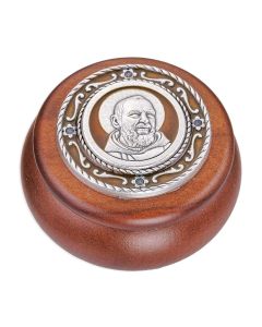 Saint Pio Wood & Brown Epoxied Silver Metal Keepsake Box