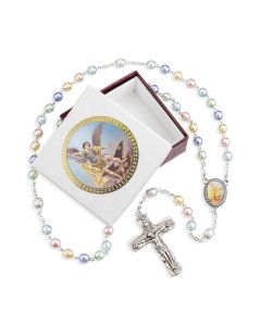 Multicolored Pearlized Glass Bead Saint Michael Rosary, Boxed