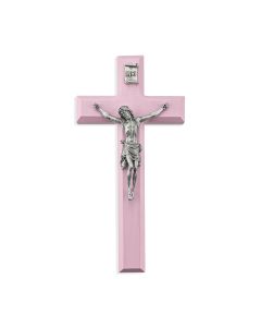 7" Pink Wood Crucifix with Genuine Fine Pewter Corpus