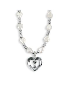 6mm White Pearlized Heart Necklace with Silver Beads and a Silver Pierced Heart with Chalice Charm.-P65
