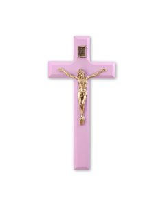 7" Pink Wood Cross with Museum Gold Finish Corpus