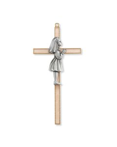 7" Gold Finish Pearlized Metal Cross with Pewter Communion Girl Figure-P65