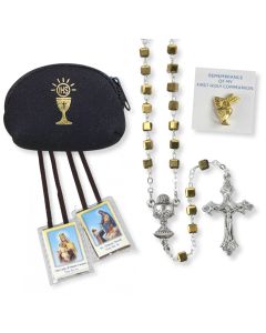 5mm Cubed Gold Glass Bead Rosary Boys First Communion Set