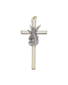 4.5" Gold Tone Pearlized White Epoxied Cross with Angel Figure in Pewter Finish (Boxed)