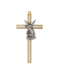 Guardian Angel in Genuine Lead Free Pewter on 5" White Pearl Epoxy Pewter Cross with Gold Trim Boxed. Made in USA
