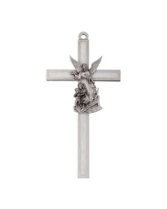 Guardian Angel in Genuine Lead Free Pewter on 5" White Pearl Epoxy Pewter Cross Boxed. Made in USA