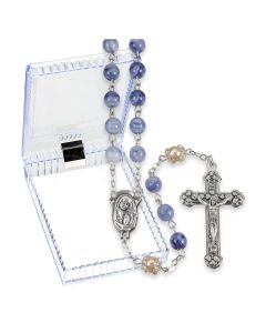 Blue Swirl and Faux Pearl Glass Bead Rosary, Boxed