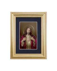 5 1/4" x 6 3/4" Gold Leaf Frame-Navy Blue Matte with a 2 1/2" x 3 3/4" Simeone: Sacred Heart of Jesus Print