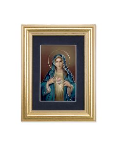 5 1/4" x 6 3/4" Gold Leaf Frame-Navy Blue Matte with a 2 1/2" x 3 3/4" Immaculate Heart of Mary Print