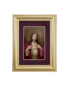 5 1/4" x 6 3/4" Gold Leaf Frame-Burgundy Matte with a 2 1/2" x 3 3/4" Simeone: Sacred Heart of Jesus Print