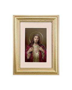 5 1/4" x 6 3/4" Gold Leaf Frame-Cream Matte with a 2 1/2" x 3 3/4" Simeone: Sacred Heart of Jesus Print