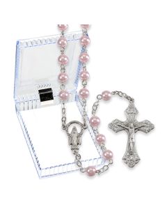 Pink Faux Pearl Bead Rosary, Boxed