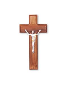 8" Cherry Wood Cross with an Antique Silver Finish Risen Christ Corpus with Gold Highlights 