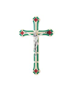 7" Silver Finished Crucifix with Green and Red Epoxy