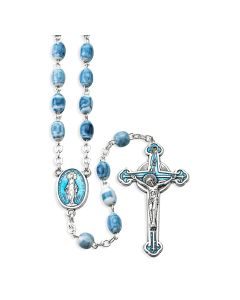 Oval Blue Marble Glass Bead Rosary, Boxed